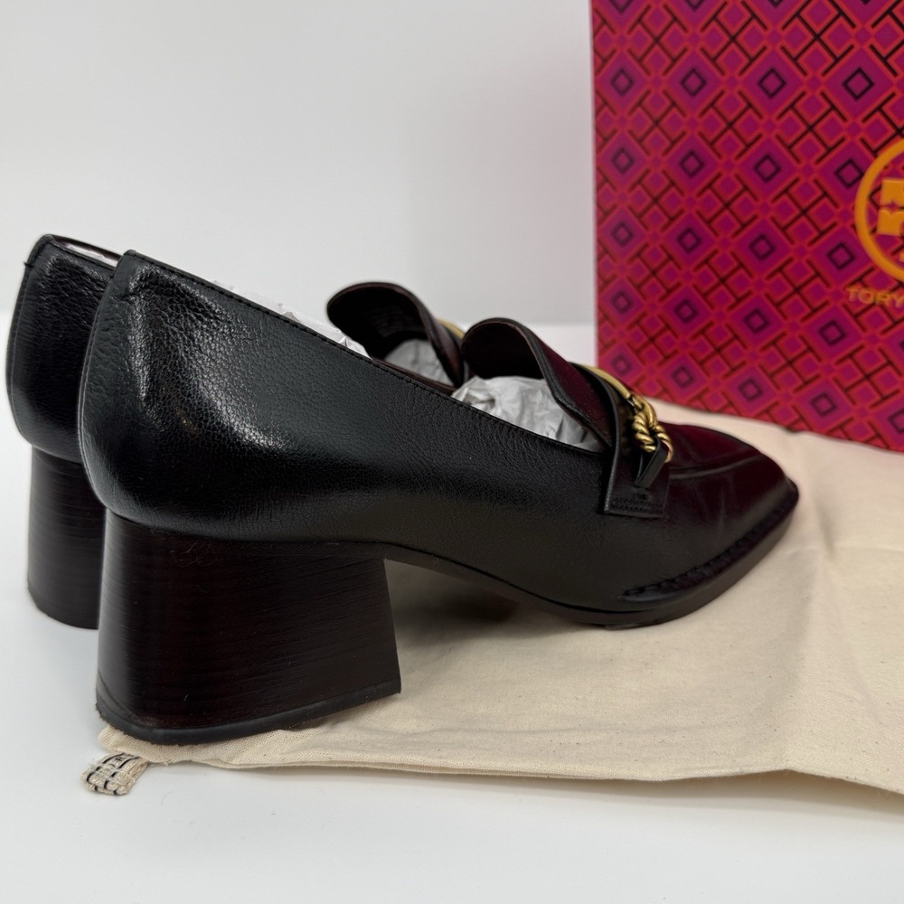 Tory Burch  Perrine Loafer Shoes Size 7.5 Square Toe Block Heel Perfect Black - Picture 2 of 8